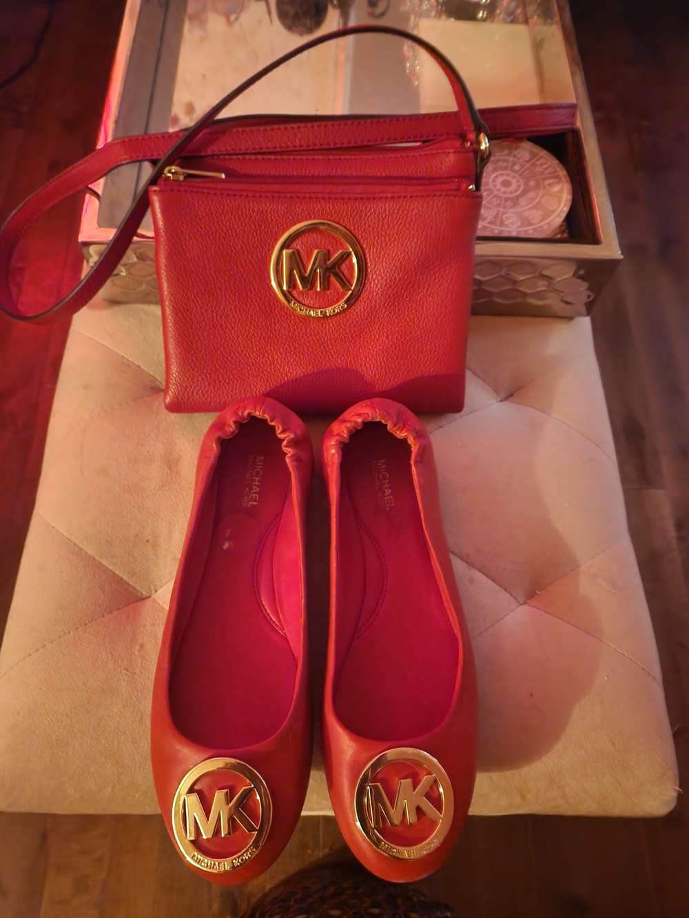 Michael Kors Red Leather Ballet Flats with Matching Crossbody Bag